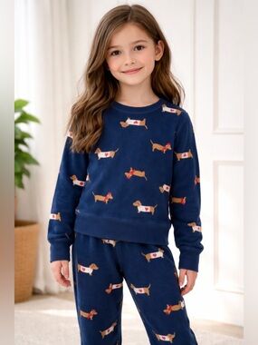 Old Navy Girls Size 8 Dachshund Fleece Pajama Set Navy Blue Wiener Dog Print